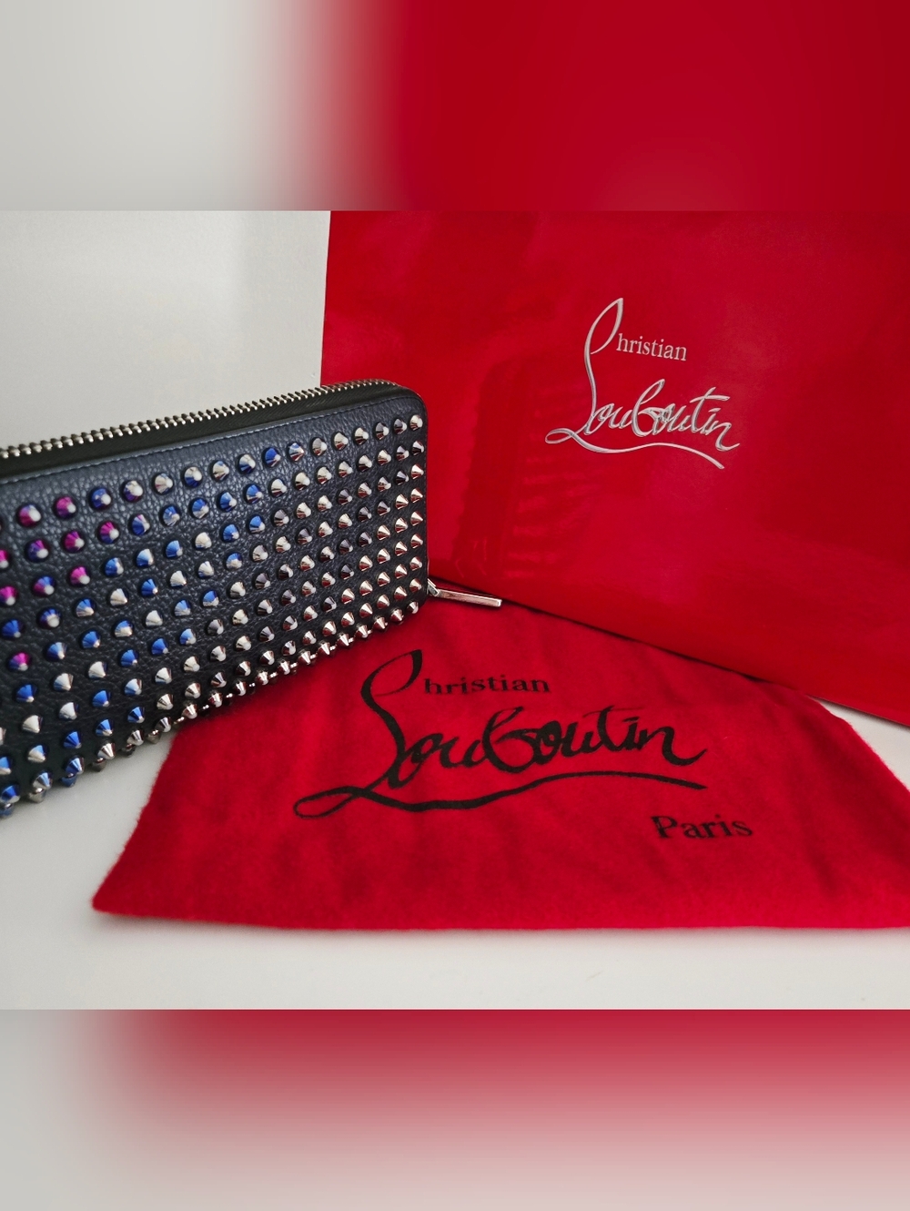 Authentic CHRISTIAN LOUBOUTIN Set Black Spike Wallet Panettone Bag Dust Bag